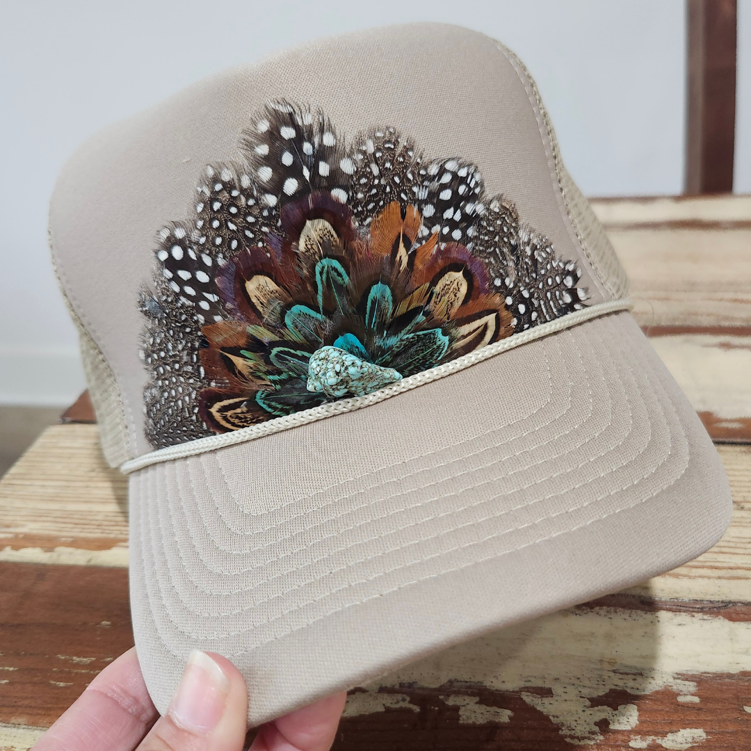 Feather Western Trucker Hat, Trucker Hat with feathers Khaki