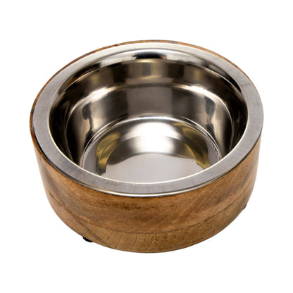 Stainless Steel Dog Bowl with Cylindrical Mango Wood Holder