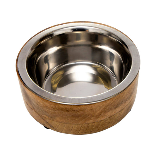 Stainless Steel Dog Bowl with Cylindrical Mango Wood Holder