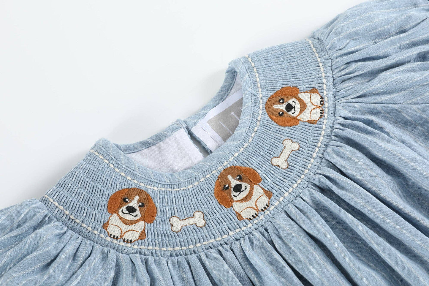 Light Blue Puppy Smocked Bishop Dress