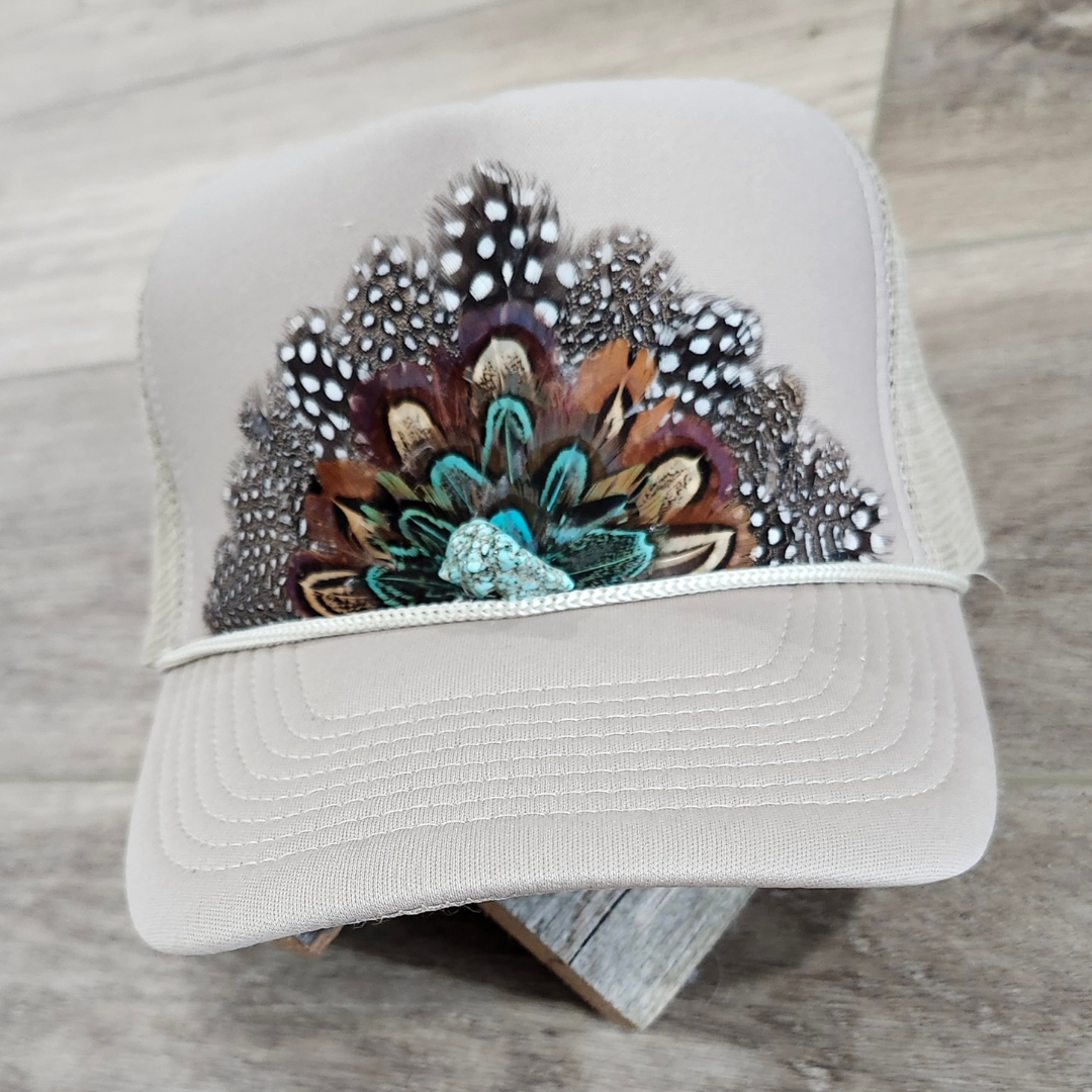 Feather Western Trucker Hat, Trucker Hat with feathers Khaki