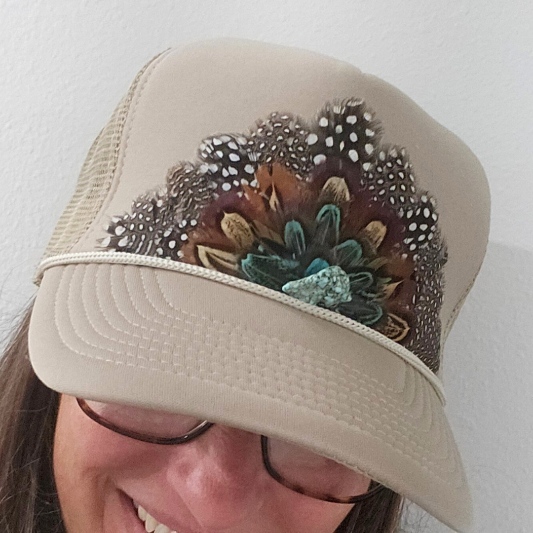 Feather Western Trucker Hat, Trucker Hat with feathers Khaki